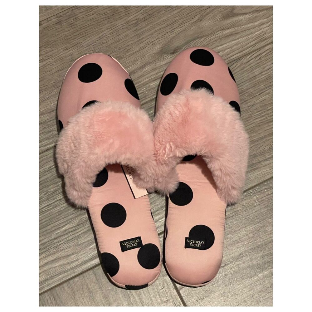 VICTORIA'S SECRET Pink & Black Polka Dot Satin Slippers